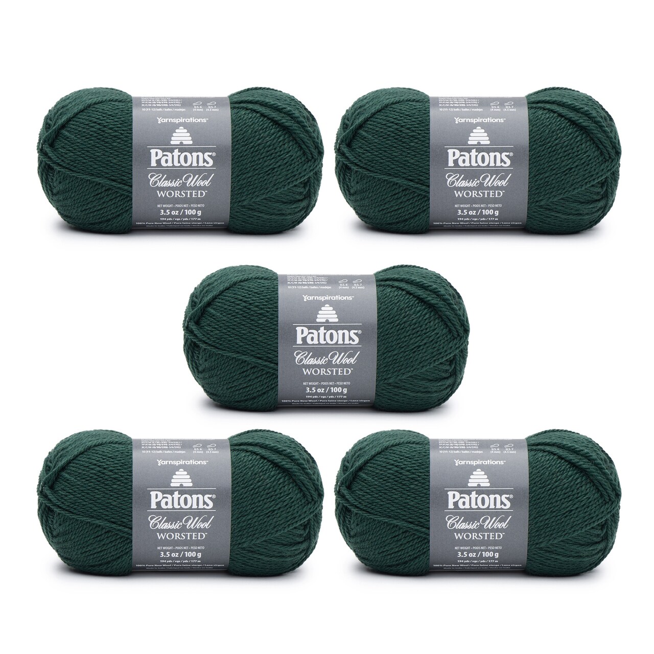 Patons Classic Wool Pine Yarn - 5 Pack of 3.5oz/100g - Wool - 4 Medium - 210 Yards - Knitting/Crochet